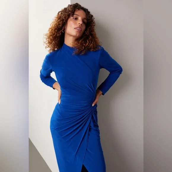 Renee Ruiz Slinky Blue Long Sleeve Ruched Maxi Dress Size 4 - Picture 3 of 8